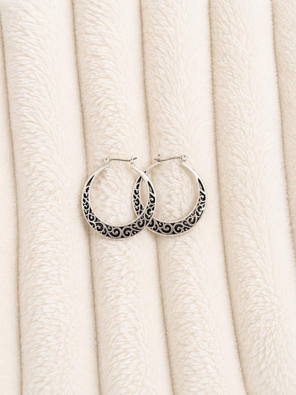 Sterling Silver Filigree Hoop Earrings - Silver